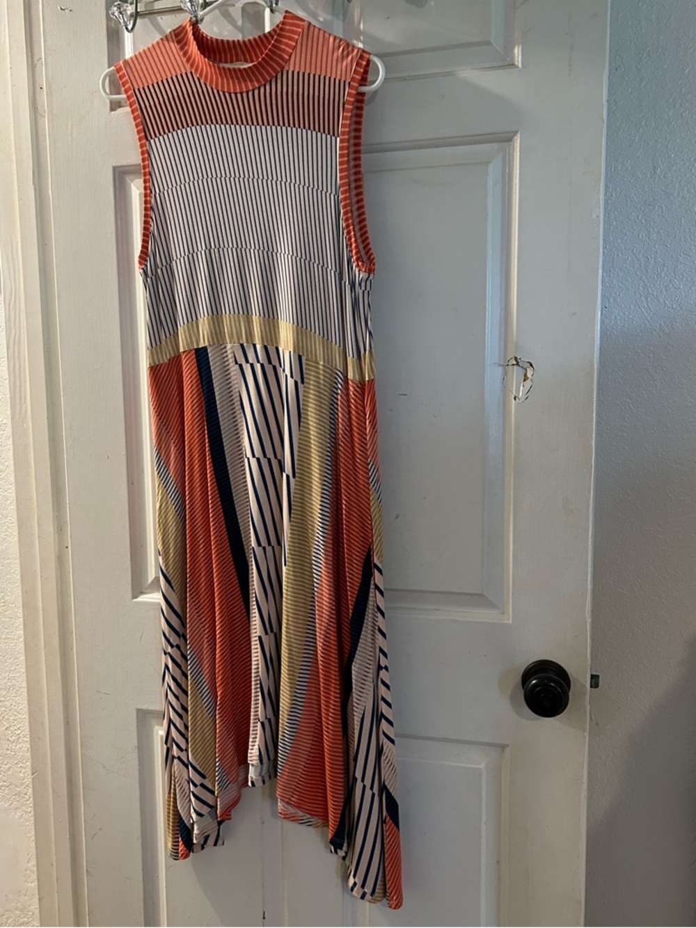 Anthropologie Coral, Navy, Cream & Yellow Striped Asymmetrical Sleeveless Dress - Picture 1 of 2